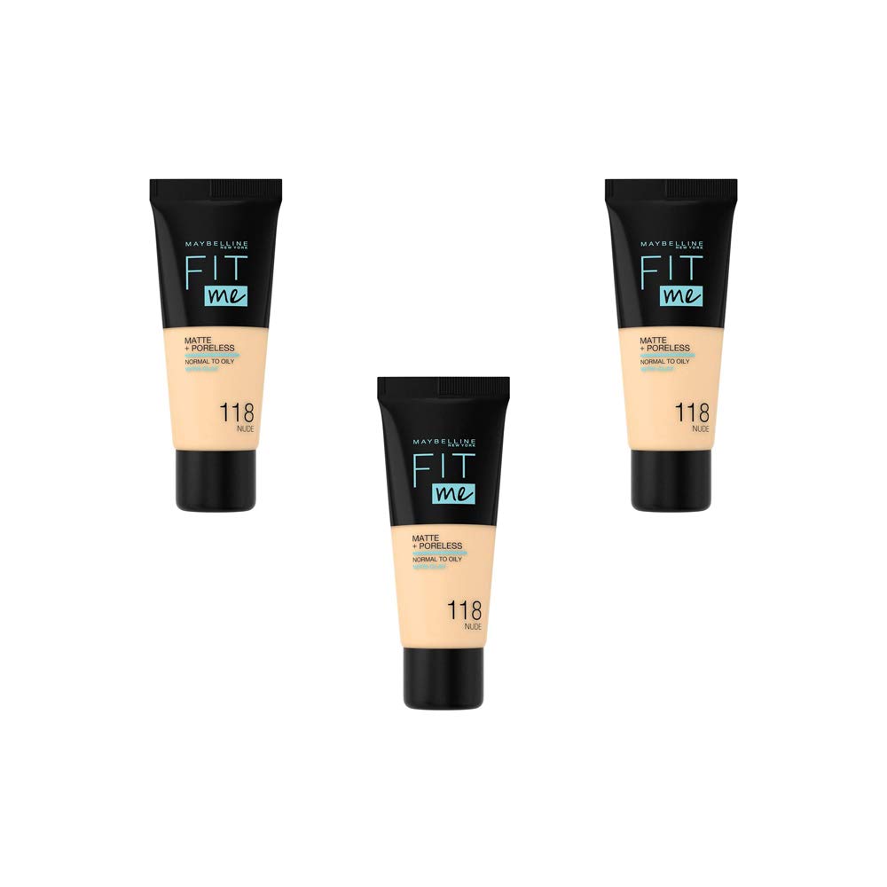 Maybelline New York Fit Me Matte & Poreless Foundation - 118 Light Beige, Pack of 3 (3 x 30ml)