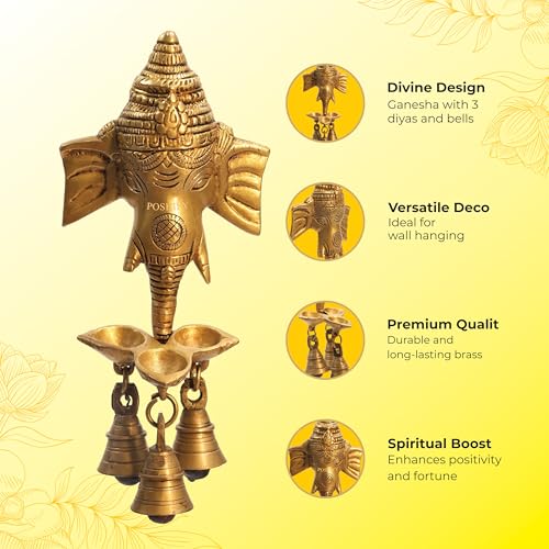 Image of Ganesha Wall Hanging with Diya and Bells -Positive Energy, Ganpati Decor, Lord Ganesha Idol, Hindu Spiritual Decor, Temple Decoration, Pooja Room Essential, Good Luck Charm|Shubh Labh - 735