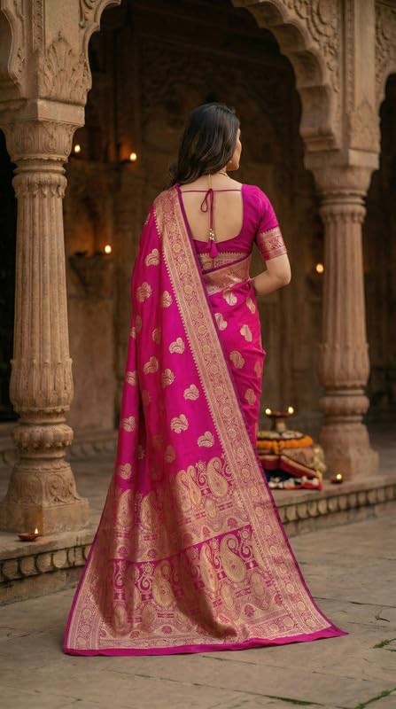 Image of C J Enterprise Women's Pure Soft Silk Saree With Blouse Piece For Wedding (KeriLichi)