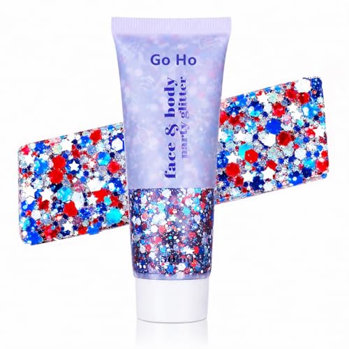 Go Ho Red White and Blue Body Glitter,4th of July Outfits for Women Girls,Patriotic USA Flag Face Hair Glitter for 250 Anniversary USA Independence Day,Holographic Chunky Glitters Sequins Gel