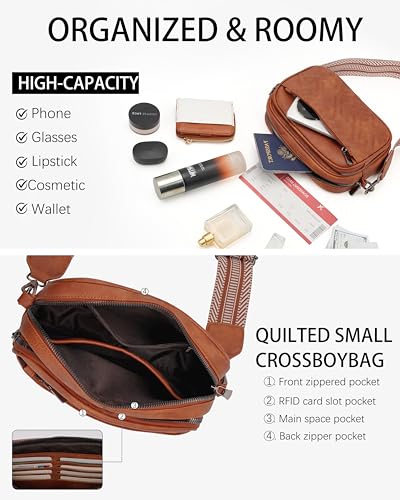 Image of Crossbody Bags for Women,Multi-Pocket Leather Crossbody Purse | RFID Blocking Pockets,Fits iPad,Adjustable Wide Strap,Quilted Exterior,8 Card Slots,Gift Ready
