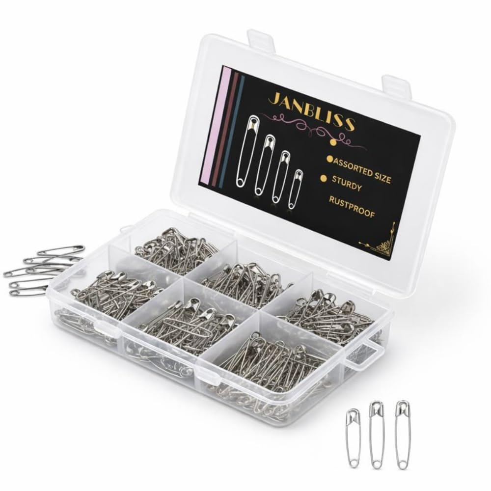 Pack of 200 Safety Pins + 20 Pins (Free)| 4 Assorted Sizes (Including Big Pin) | for Saree, Blouse & Tailoring | Strong Lock | Rust Resistant 1