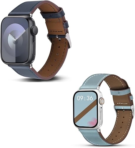 Genuine Leather Band Compatible with Apple Watch Bands for Women Men 49mm 46mm 45mm 44mm 42mm 41mm 40mm 38mm, Soft Leather Replacement Strap for iWatch Ultra SE Series 10 9 8 7 6 5 4 3 2 1(PACK OF 2)