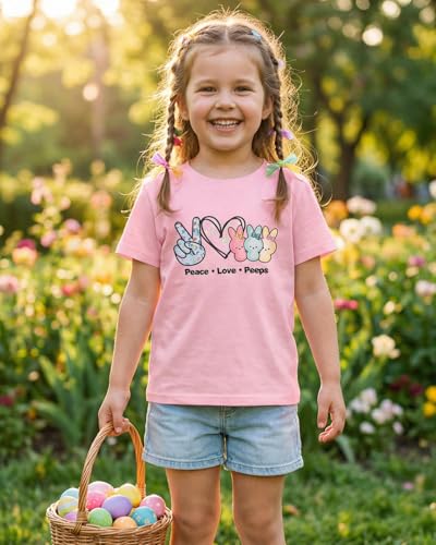 Image of SOFEON Kids Girls Easter Shirt Bunny Peace Love Peeps T-Shirt Cute Funny Rabbit Graphic Tees Short Sleeve Casual Tops