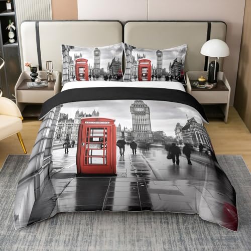 Big Ben Imprimé Parure de Lit 220x240 Cabine Téléphonique Rouge Coton Housse de Couette London Street View Motif Literie Set Art Moderne Gris Couvre Lit pour Adultes...