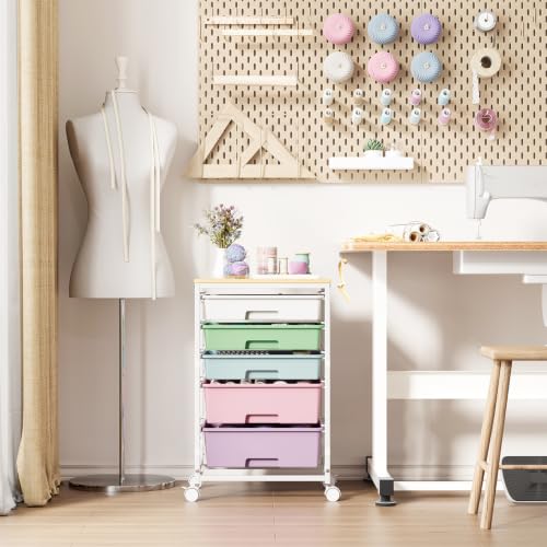 Image of SYKIARIOL 5-Tier Rolling Utility Storage Drawer Craft Cart on Wheels with Wooden Tabletop, Mobile Craft Storage Drawer Cart Trolley for Home Office, Classroom, Craft Room & Kid Room, Ice Cream