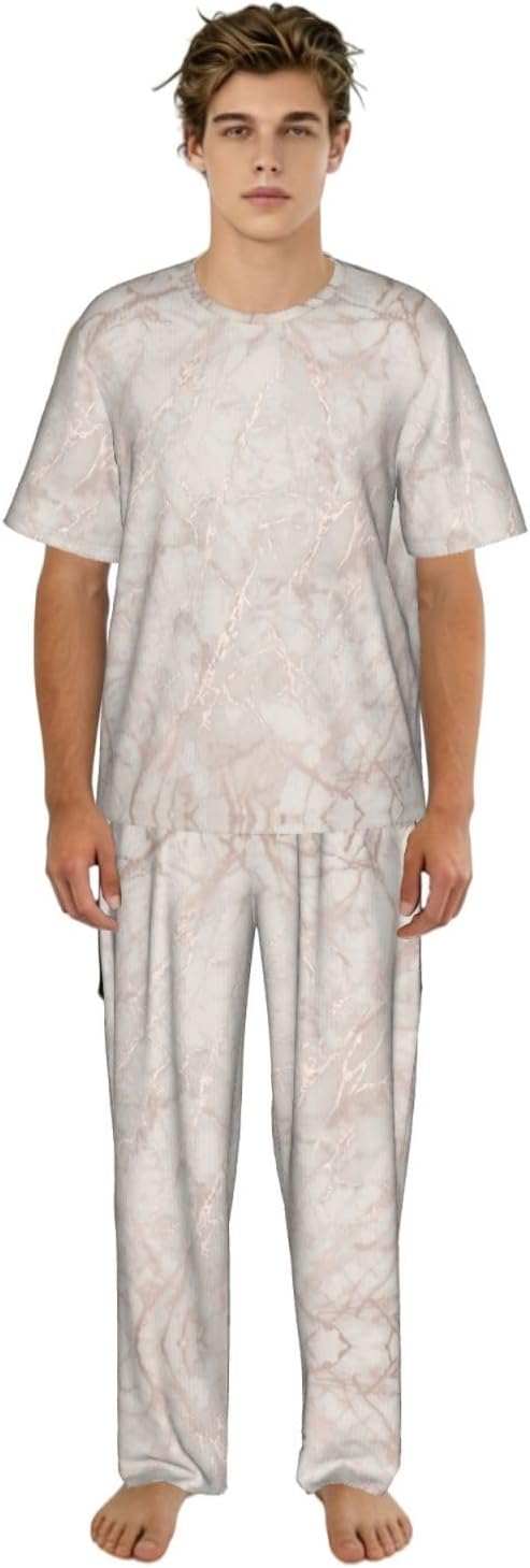 Men'S 2 Piece Loungewear Pajama Set Rose Gold Marble Print Short Sleeve Tee Top And Pants Set S-3xl
