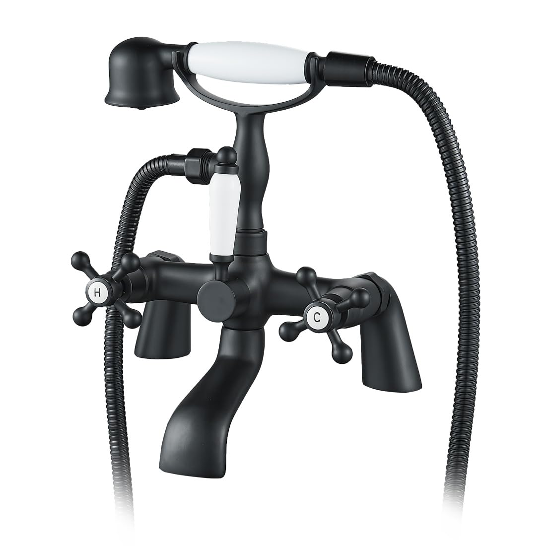 Blcak Victorian Bath Taps with Shower,Luckyhome Traditional 1/4 Turn Dual Lever Bathroom Tub Tap Mixer — image 1