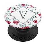 Monograma personalizado Letra V Regalo floral. Flores rojas y rosas rosas con un fondo blanco y texto azul. Nombre Apellido Letra V.