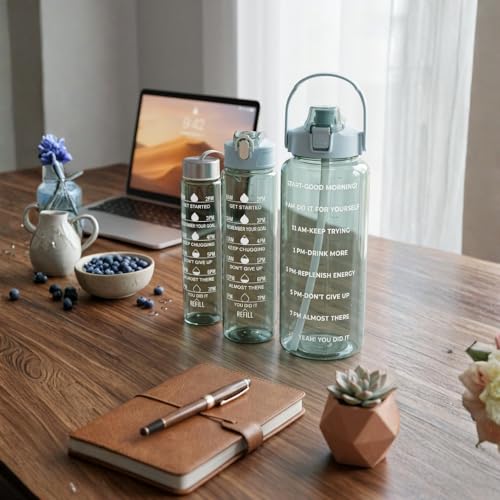 Image of Set of 3 Transparent Water Bottle 2000ML, 900ML, 300ML with Motivational Time Marker | Leak Proof&Break-Proof | Best Usage For Office /School /Gym /Travel Water Bottle