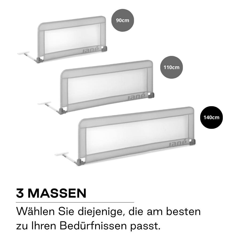 Jané Klappbares Kinderbettgitter 140 cm, Extra Hoch, Atmungsaktiv, inkl. Transporttasche, Grau
