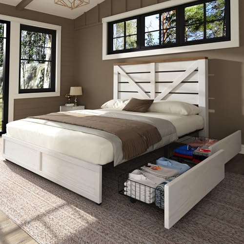 Image of AMERLIFE 3 Piece Bedroom Set Including Farmhouse Full Size Bed Frame with 4 Drawers, Nightstands Set of 2 with Charging Station for Bedroom, White