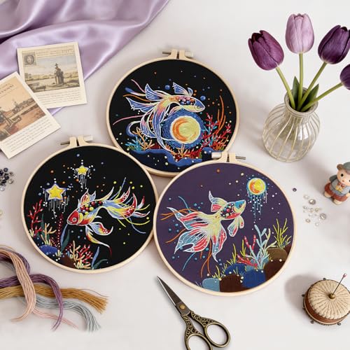 Image of Uniartfy 3 Sets Hand Embroidery Starter Kits for Beginners Adults, Goldfish Stamped Cross Stitch Kit, DIY Needlepoint Kit with Cloth, Hoop,Threads and Instruction, Easy to Learn Embroidery Starter Kit