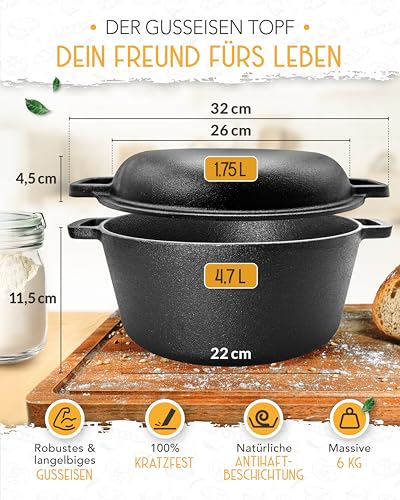 KRUSTENZAUBER Schmortopf mit Deckel oder als Gusseisen Topf zum Brot backen – Ansicht 4