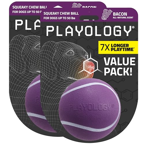 Playology Dog Toys | Squeaky Chew Ball for Dogs Value 2-Pack | Bacon Scented Medium Dog Balls | Bouncy Floating Chew Toys for Fetch