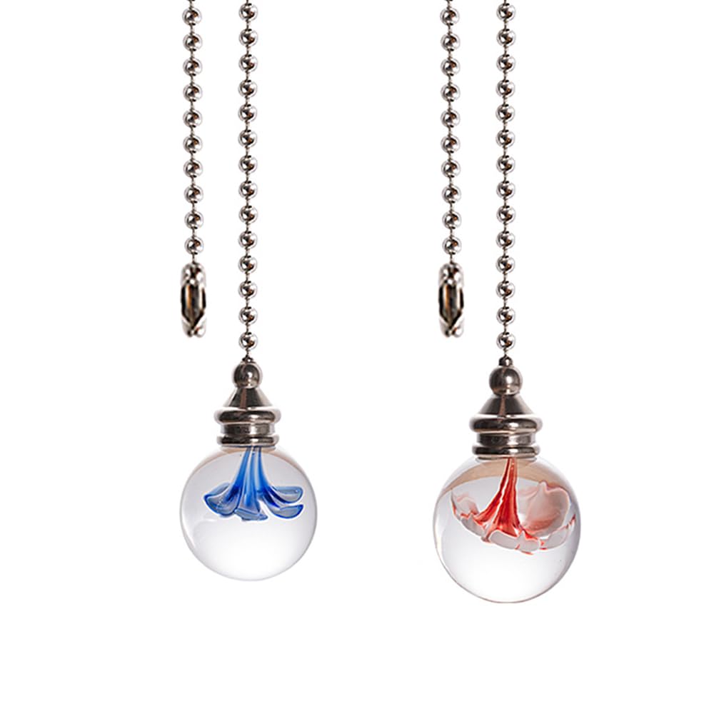TopHomer Blue Flower and Red Flower, 2 Pcs Crystal Ball Light Pull Cord, Clear Pull Chain Extension, for Ceiling Fan, Bathroom Light, Pull String Ornament for Bathroom Toilet Light