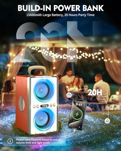 Image of YIER Bluetooth Speaker, 240W Peak Loud Party Speaker with Big Bass, 20H Playtime, TWS, BT5.3, Large Portable Wireless Boom Box with LED Light for Outdoor Backyard Beach Home (Leather Orange)