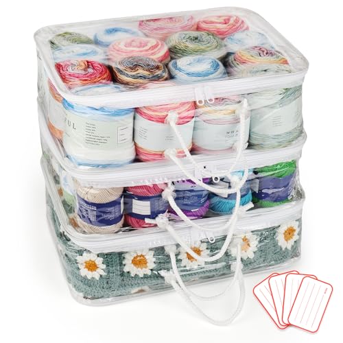 Coopay Armazenamento de fios transparentes, pacote com 3 sacos de crochê grandes com design transparente e fácil de classificar, bolsa de fios para agulhas de tricô, acessórios de crochê com 4