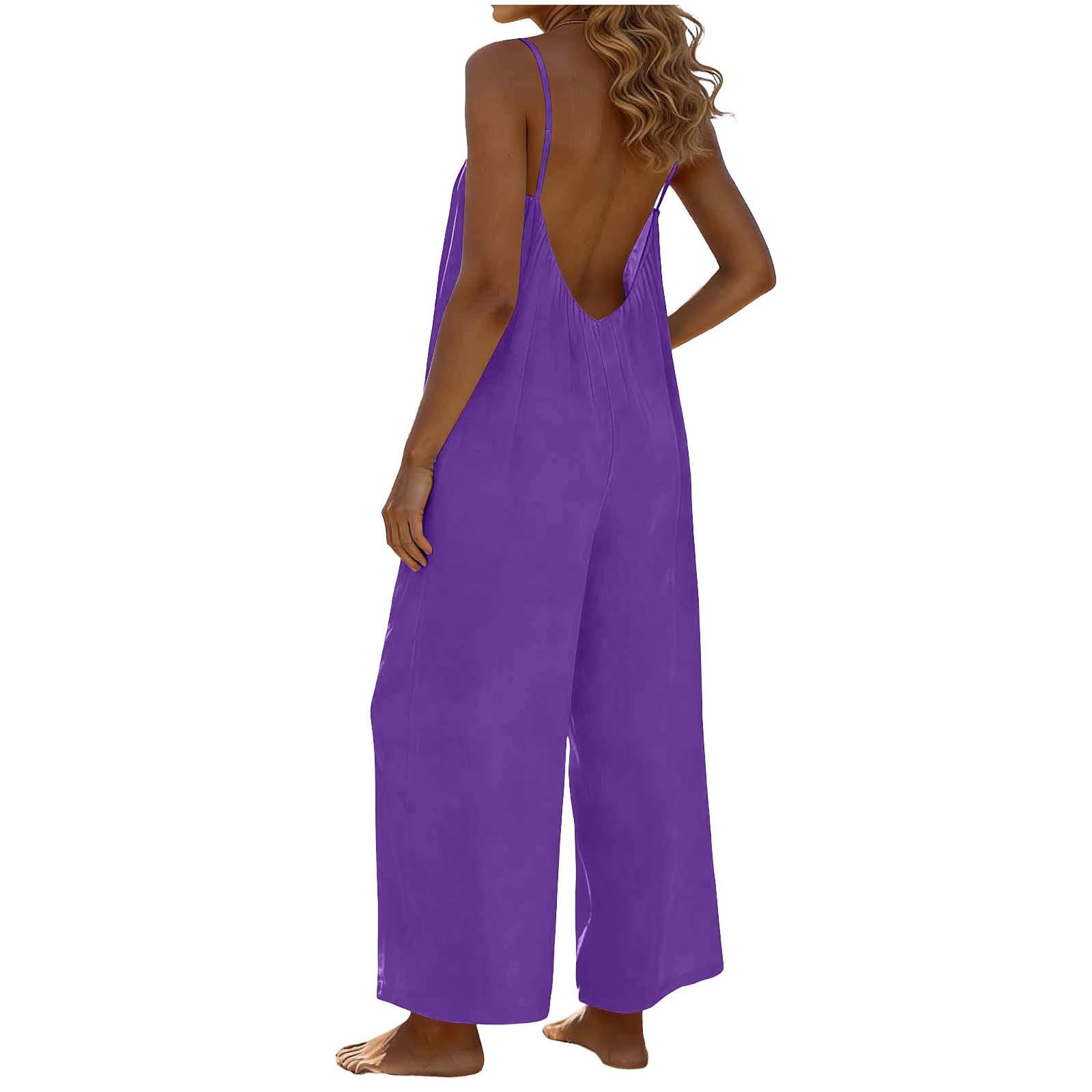 RLEHJN Jumpsuit Damen Sommer,Ärmellos Overall Lang Casual Hosenanzug Sexy V-Ausschnitt Spaghettiträger Romper Loose Fit Playsuit Elegant Einteiler Weites Bein Latzhose Freizeithose mit Taschen