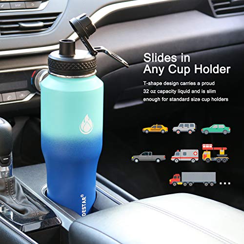 Image of SENDESTAR Water Bottle 32oz,2 Lids(Straw lid),Wide Mouth Stainless Steel Vacuum Insulated Double Wall Keep Liquids Cold or Hot All Day,Sweat Proof Sport Design,Fit Car Cup Holder(Mint&Cobalt)