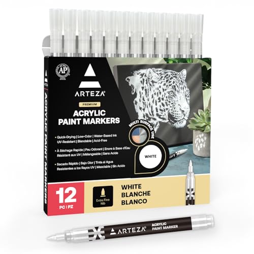 ARTEZA 12 White Acrylic Paint Pens, Long Lasting Outdoor Acrylic Paint Markers with Plastic Nib, Paint On Metal, Canvas, Rock, Ceramic Surfaces, Glass, Wood, Fabric, and Pumpkin Decorating