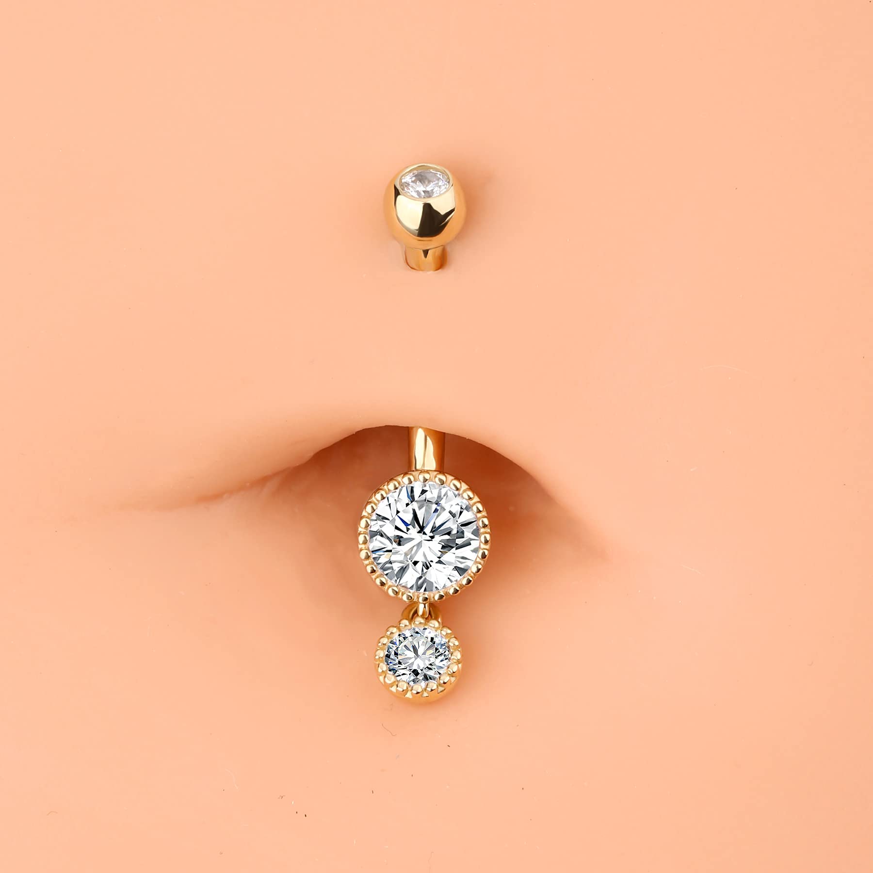 OUFER Body Piercing Belly Button Bars 14G Navel Bar 14K Solid Gold Double Round Clear CZ Belly Bars Navel Piercing Jewellery