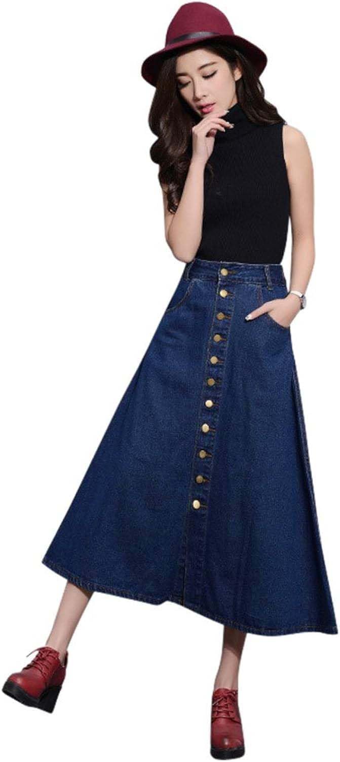 Navy Blue Ten Buttoned A-Line Maxi Denim Skirt-image-20