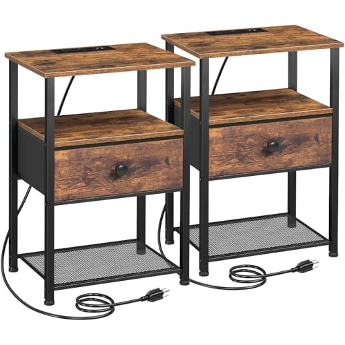 LOAKEKEL Night Stand Set 2, Nightstand with Charging Station, End Tables Living Room with Fabric Drawer for Small Spaces, Bed Side Tables with Storage Shelf for Bedroom, Rustic Brown HETS010PBR