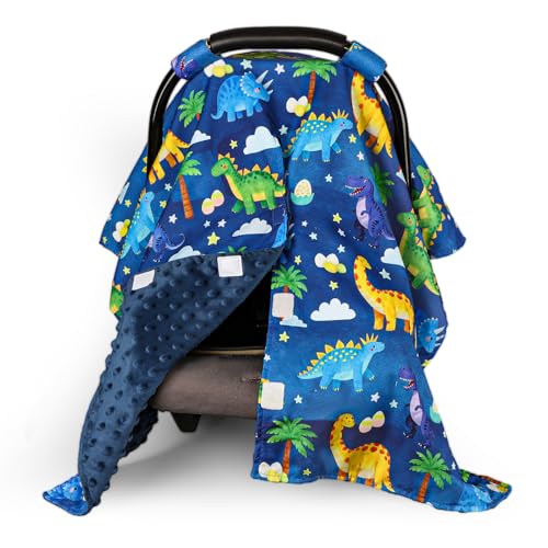 Image of Hooyax Peekaboo Car Seat Cover for Baby Boy - Warm Minky Carseat Canopy with Adjustable Opening, Universal Fit for Infant Car Seats & Strollers, Soft Nursing Cover & Blanket (Dinosaur)