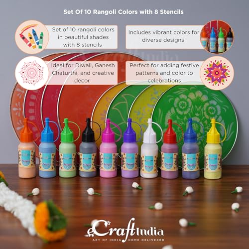 Image of eCraftIndia Set of 8 Designer Diwali Rangoli Stencils Set in 4 Big Size 4 Small Size |10 Rangoli Colours Bottles | Diwali Decoration Item for Home Decor