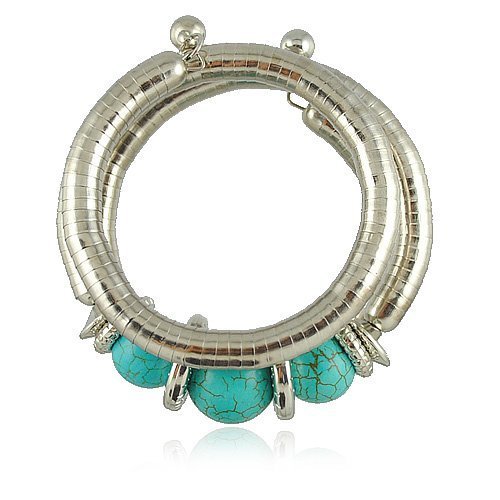 Image of Bold N Elegant Silver Snake Multilayer Turquoise Stone Tibetan Boho Bead African Ethnic Bangle Handcuff Bracelet for Women