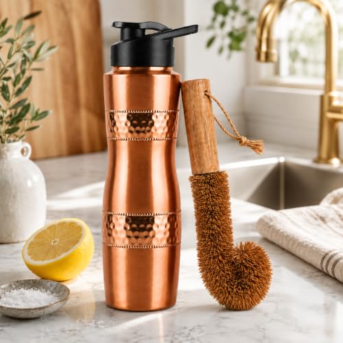 Image of Pure Copper Water Bottle 32 Oz Extra Large Wide Mouth Drinking Bottle | with Cleaning Brush, Leak Proof Ayurvedic Reusable Metal Bottle for Home Gym Office Travel, Brush Copper