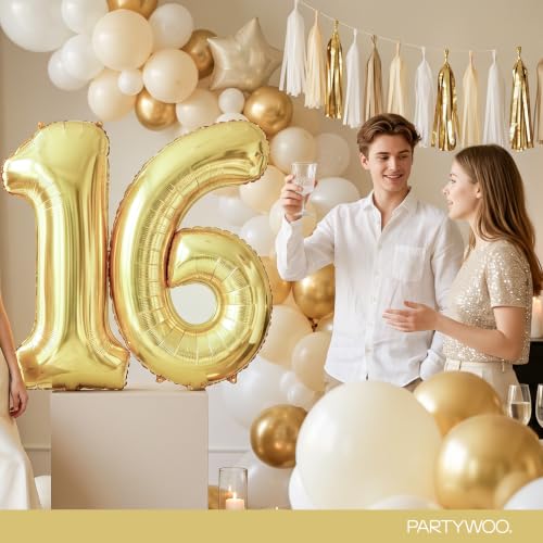 Image of PartyWoo Gold Number 16 Balloon 40 Inch 33pcs Metallic Gold Foil Star White