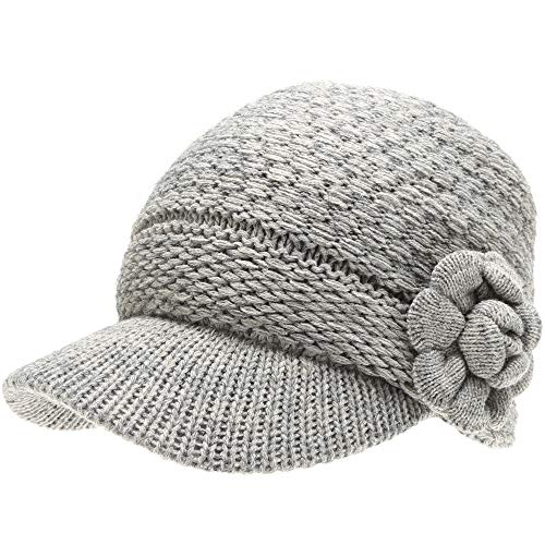 Mirmaru Women’s Knitted Newsboy Hat Double Layer Visor Beanie Cap With Soft Warm Fleece Lining(Waffle Flower-Grey) #TOP5