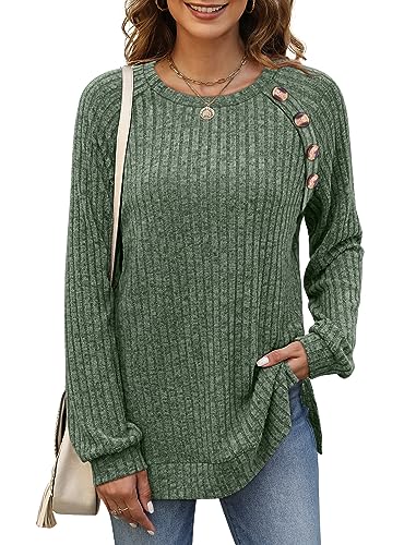 Image of Bofell Long Sleeve Shirts for Women Lightweight Button Decor Tunic Tops Side Split
