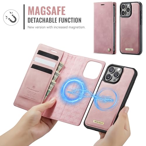 Image of Wallet Case for iPhone 13 Pro Compatible with Magsafe, 2-in-1 PU Leather Flip RFID Blocking Card Holder Stand Shockproof Magnetic Detachable Cover for iPhone 13 Pro Case 6.1 inch, Pink