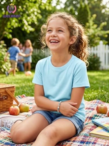 Image of WELAKEN Girls Soft T-Shirt with Curved Hem, Breathable Stretchy Rayon Crewneck Short Sleeve Tees, Kids Everyday Basic Top