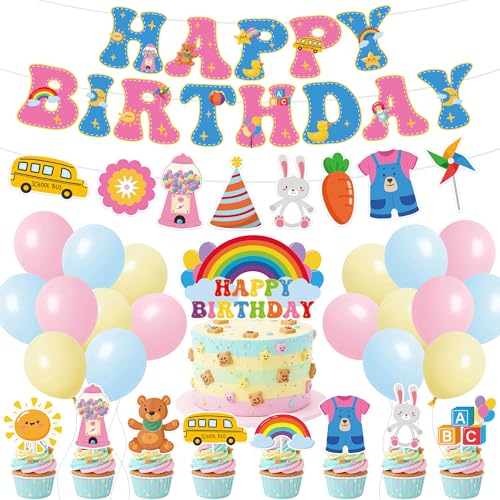 FodeMoraka Rainbow Birthday Party Decorations - 46 Pcs Pre-strung Banner Garland Balloons Cake Cupcake Toppers Decor Set Happy Cartoon Girls English Teacher Supplies Favors for Kids Fans Classroom