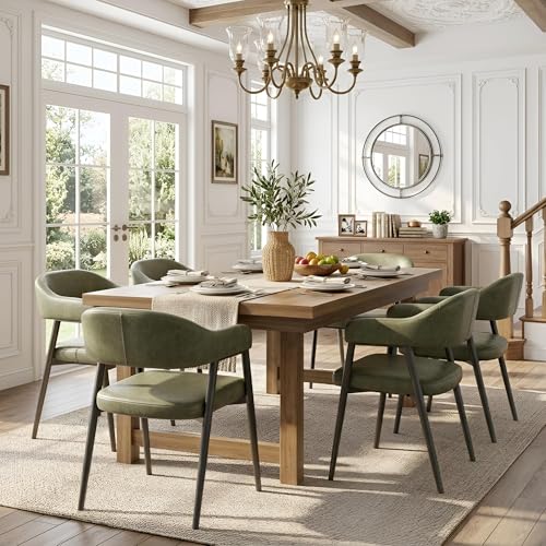 Image of HNY Modern Dining Room Arm Chairs Set of 6, Green Retro Faux Leather Upholstered Barrel Dining Chairs with Arms Mid-Century Accent Chair with Metal Legs, Open-Back Kitchen Side Chairs for Living Room