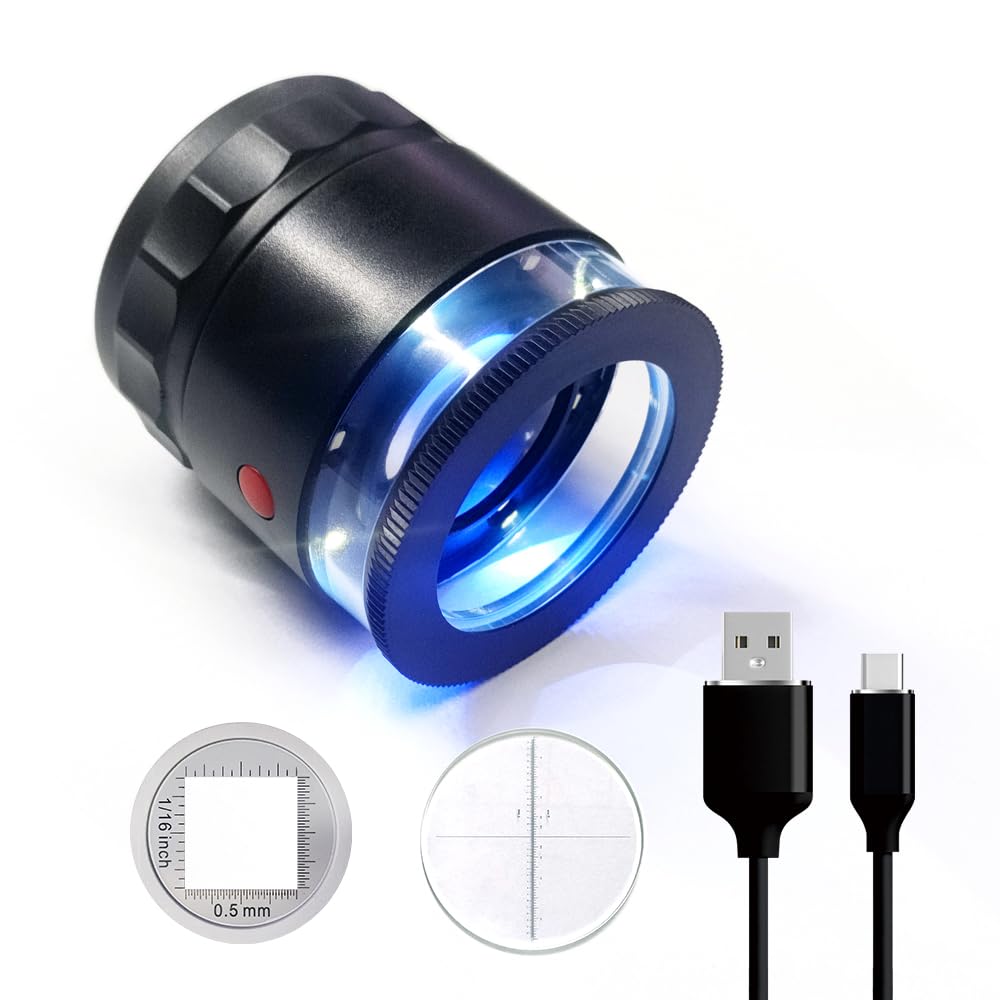 10 x lupa lupa, ładowalna, jubilerska, szkło powiększające z 8 światłami (LED, UV i skala, ręczna lupa do kamieni szlachetnych, monet