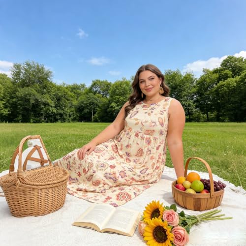 Image of Moon Wood Women's Plus Size Sleeveless Summer Dress Crewneck Tank Casual Flowy Maxi Dress with Pockets Vacation Outfits