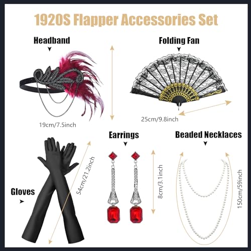 iHUFeather Women 1920s Flapper Set with Feather Headband Beaded Necklaces Earrings Black Gloves for Great Vintage Wedding Costume Accessories