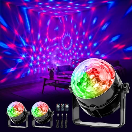 Image of 3 Pack RGB Disco Ball Lights with Sound Activation and 4.9ft Type C Cable | Remote Control Strobe Lamp, 7 Projector Color Mode, for Christmas & Halloween Home Patty Decor, Karaoke Lovers, Kids Gift