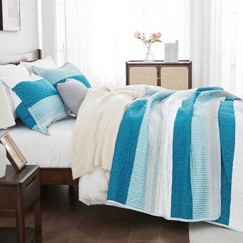 Image of Andency Teal White Quilt Queen(90x96Inch), 3 Pieces (1 Striped Quilt and 2 Pillowcases) Patchwork Bedspread Coverlet Set, Soft Lightweight Quilted Bedding Set