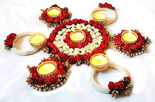 12seasons Handmade Metal Rangoli Tealight Holder Set, Diya Decorated with Artificial Flowers & Tea Lights (1 Big and 6 Small tealight Holders)