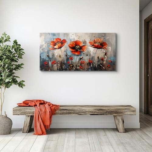 SERIMINO Large Wall Art for Living Room, Nature Floral Botanical Canvas Prints, Red Flowers Pictures Wall Decor, Wildflower Modern Home Decor Bathroom Dining Room Kitchen Paintings 20"X40"