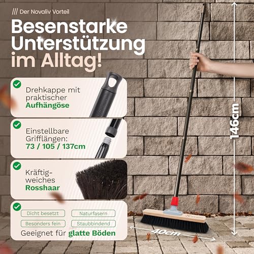 Novaliv Saalbesen Besen mit Stiel 40 cm Borsten Rosshaarbesen inkl. Kehrgarnitur schwarz bestehend aus Kehrblech und Handfeger Besen fein Ideal als Werkstattbesen Hallenbesen mit Stiel Industriebesen – Bild 3