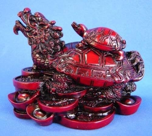 Monkey King TM Feng Shui Dragon Turtle Tortoise Statue Figurine Standing on a Bed of Coins and Gold Ingots Lucky Wealth (RED)