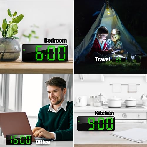 Image of JQGO Digital Alarm Clock, LED Digital Alarm Clock, Mirror, Table Clock, USB Cable, Slim Alarm Clock, 12 /24 Hours, Snooze, Voice Control, Temperature Display, Brightness Adjustable, Bedroom, Green