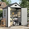 EHHLY Outdoor Storage Shed 6x4.4 FT, Resin Shed with Floor, Window & Vents, Waterproof Plastic Shed with Lockable Door for Backyard, Patio, Lawn, Gray